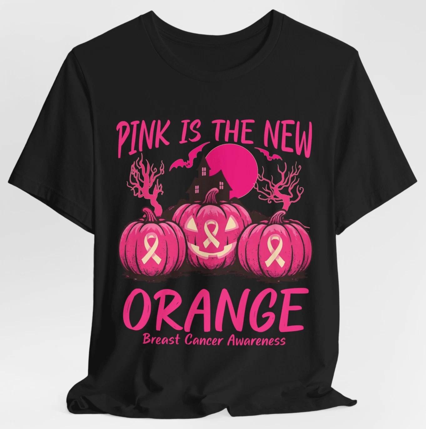 Pink Is the New Orange Breast Cancer Awareness Halloween T-Shirt Ribbon Pumpkins 4XL