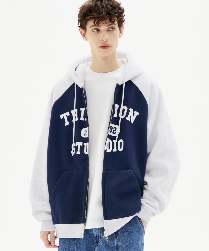 Trillion Raglan Color Mix 1992 Graphic Zip-Up Hoodie (Navy)
