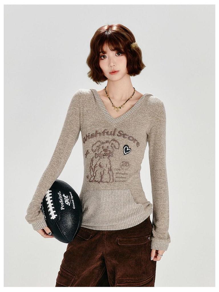 American Chic Slim-Fit Long-Sleeve Little Dog Hoodie for Women - Early Autumn Design