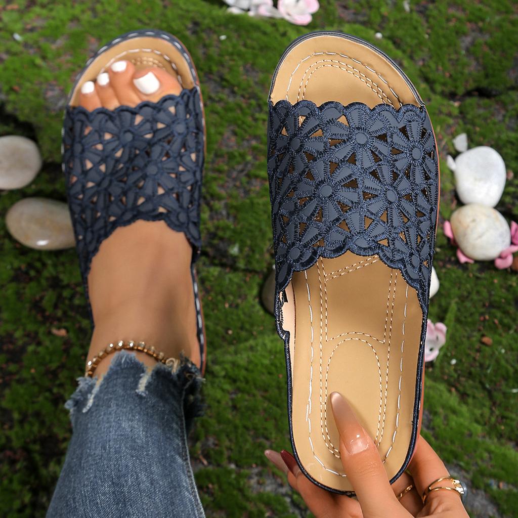 Women's Wide Width Floral Hollow Out Slides - Low Wedge Mule Sandals for Summer, Minimalist Casual Slides