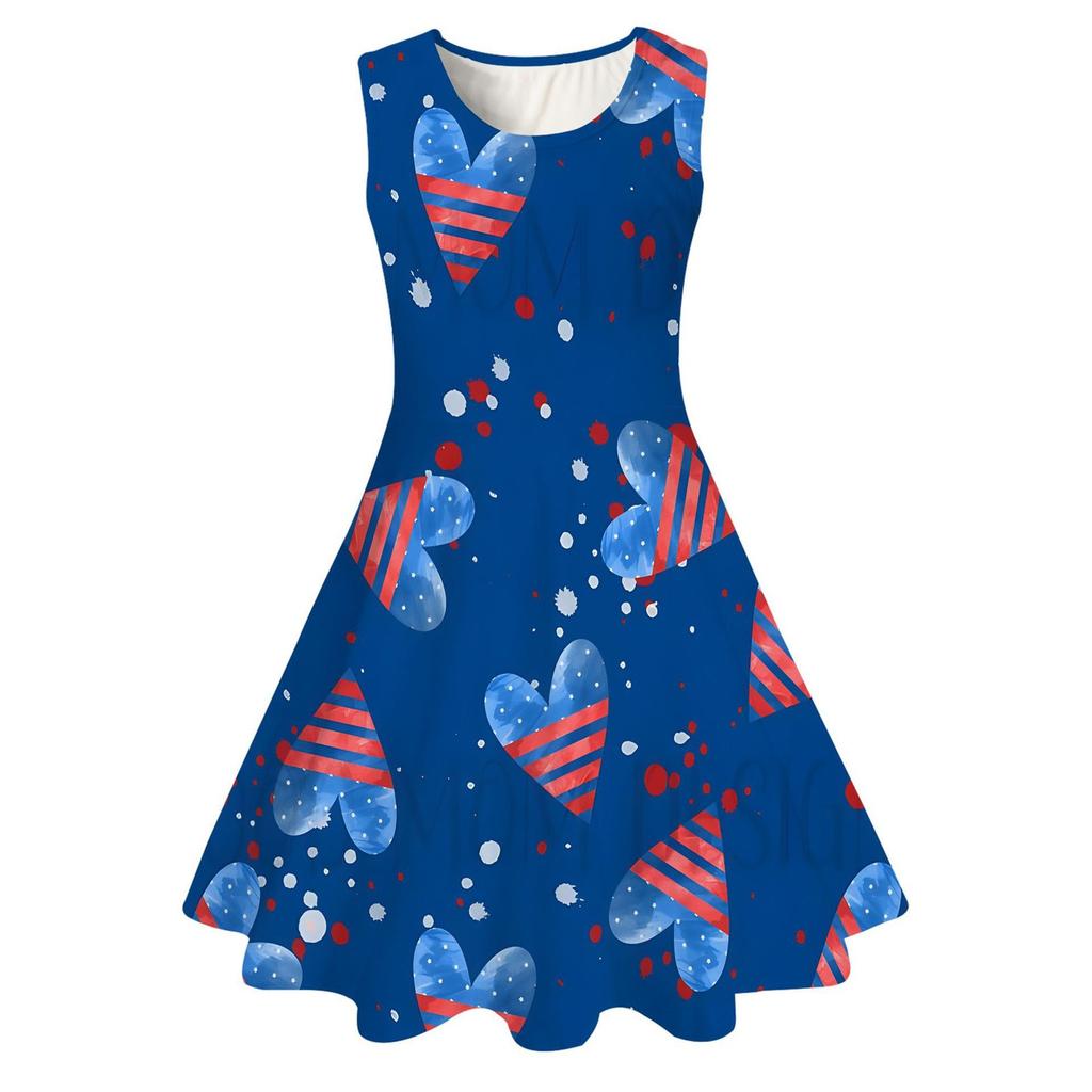 Summer Casual Loose Print Sweet Girl Sleeveless Princess Independence Day Dress