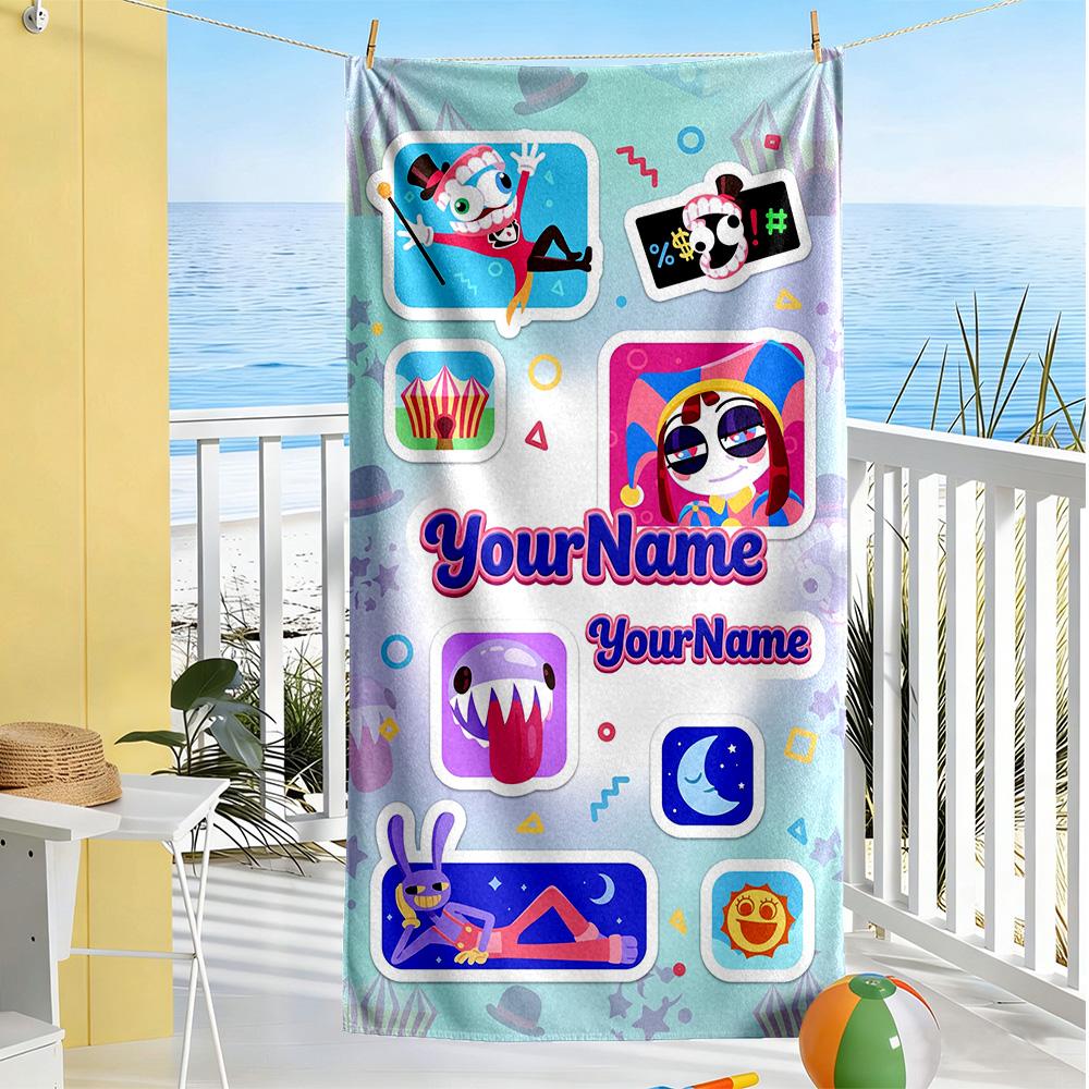 Digital Circus Customize Text Beach Towel Soft Durable Quick-Dry Suitable for Swimming Gym Camping Yoga Vacation