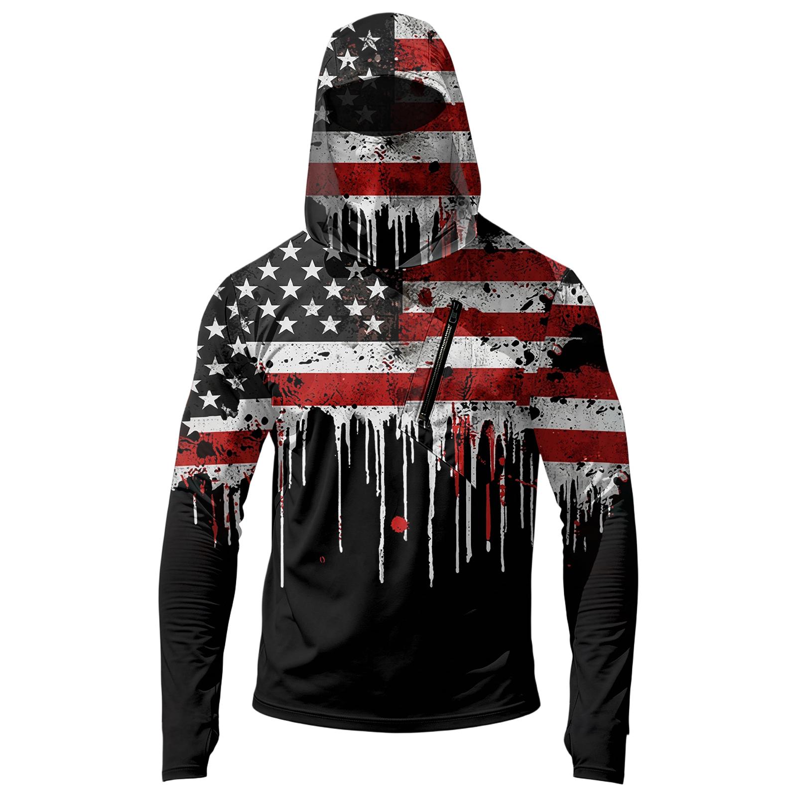 

Men’s Casual Long Sleeve Hoodie with Independence Day Print Lightweight Sun Protection Pullover Top with Front Pocket Slash Design S чорний