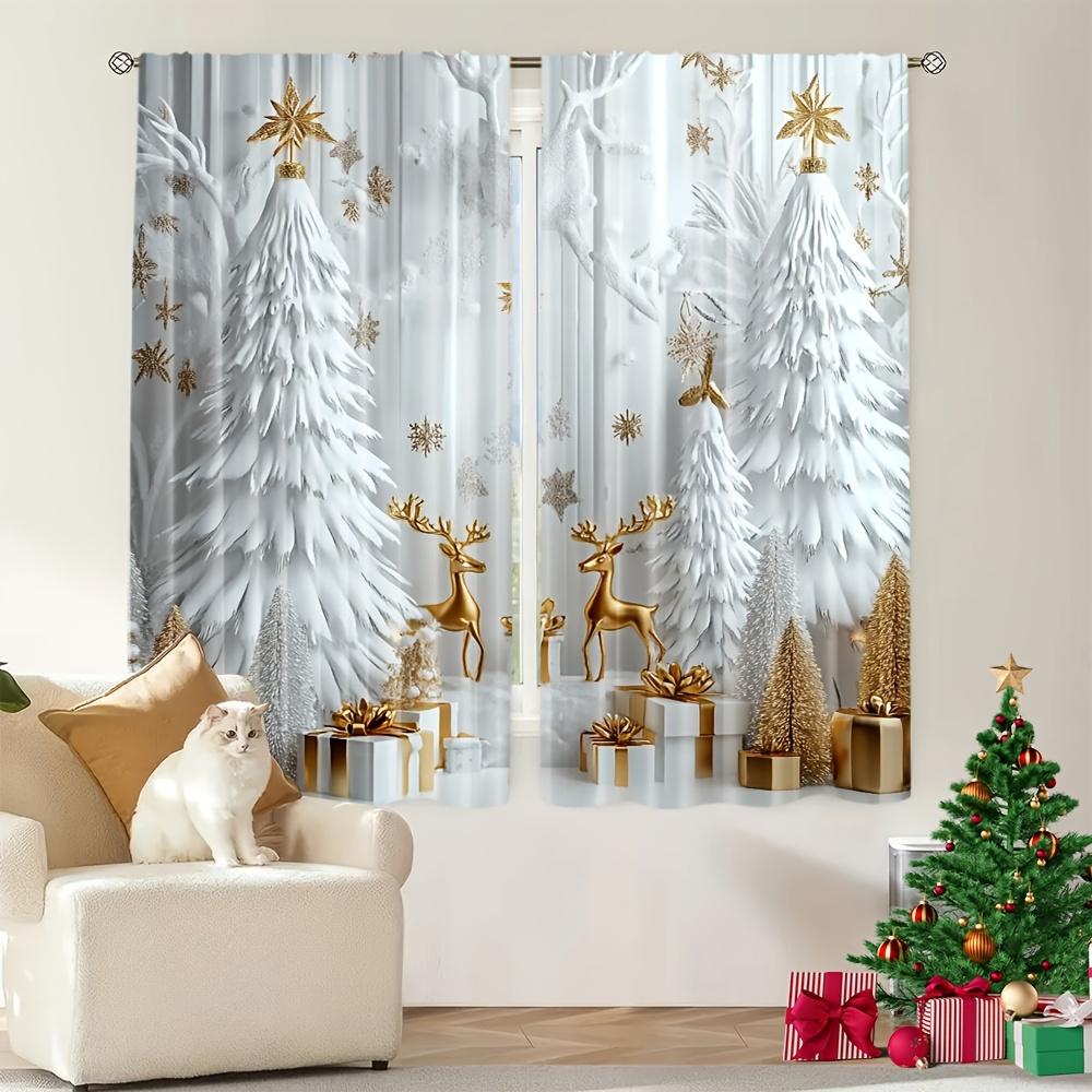 2pcs Holiday Christmas Curtains – Gold Reindeer and Ornament Design   Light-Filtering for Living Room and Bedroom