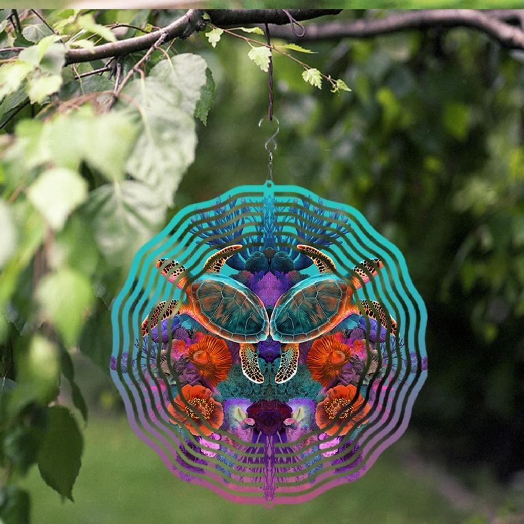 Turtle Floral Wind Chime 10 Inch Metal Outdoor Decor for Garden Balcony Vibrant Blue Green Orange Purple Hanging Ornament with 360 Swivel Hook