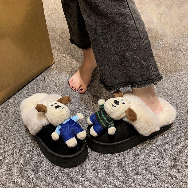 2025 Autumn and Winter New Outer Wear Cartoon Cute Puppy Fleece Cotton Slippers Women Non-slip Soft-soled Plush Slippers Women