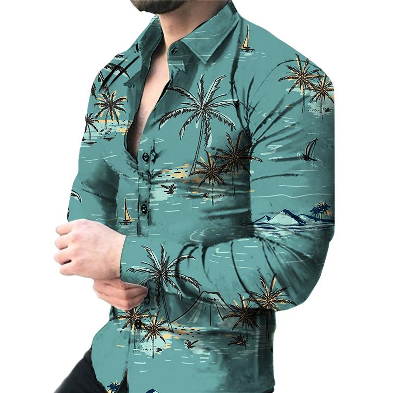 New Men Tiger Autumn Long Sleeve Men's Flower Print Shirt