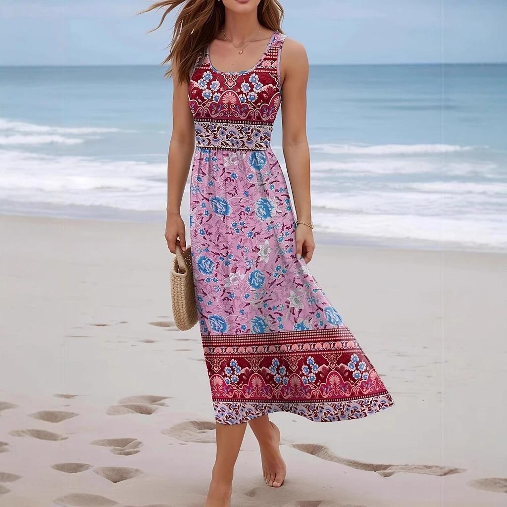Summer New European and American Style Printing Sleeveless Long Dress Seaside Vacation Bohemian Dress Women's Clothing