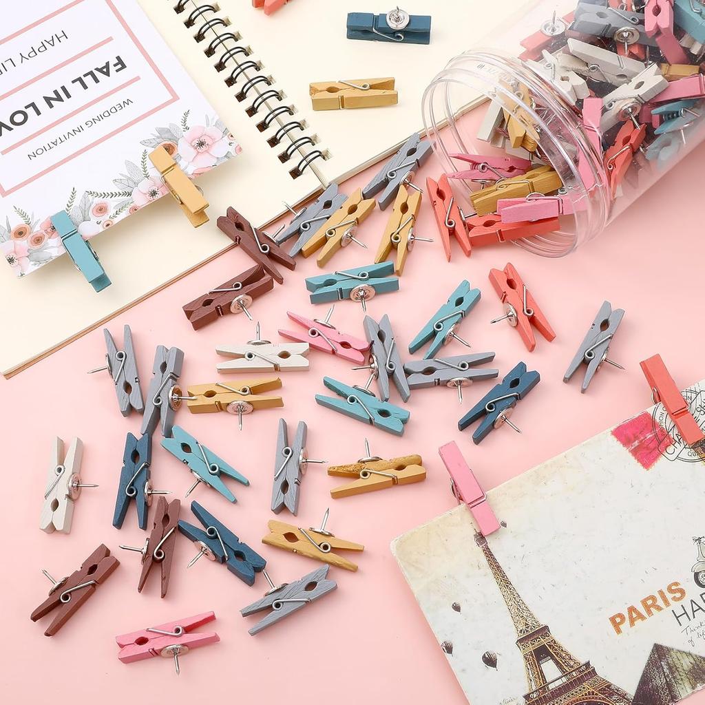 200 Pcs Push Pin Clips Bulk Wooden Clips with Tacks for Cork Board, Bulletin Board, Colorful Wood Clip with Push P for Classroom School Home Office