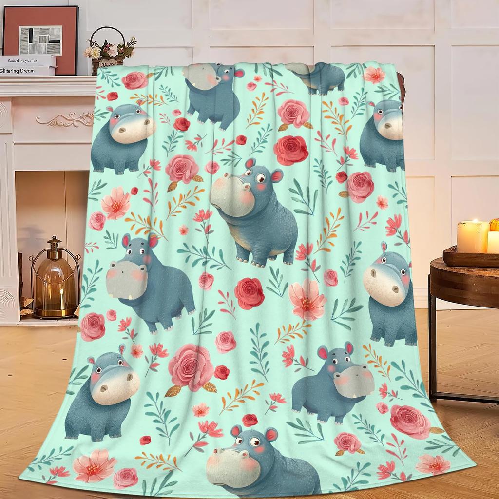 Lovely Hippo Throw Blanket Cute Cartoon Flannel Blanket for Couch Bed Travel Outdoor Home Decor Warm Fuzzy Blanket for Boys Girl