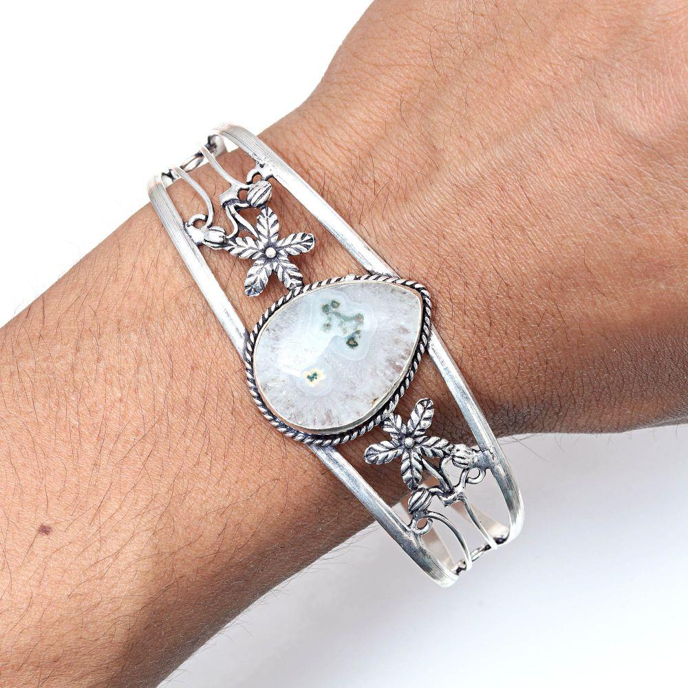 White Solar Quartz Gemstone Jewelry Cuff Bracelets 7''Adjustable