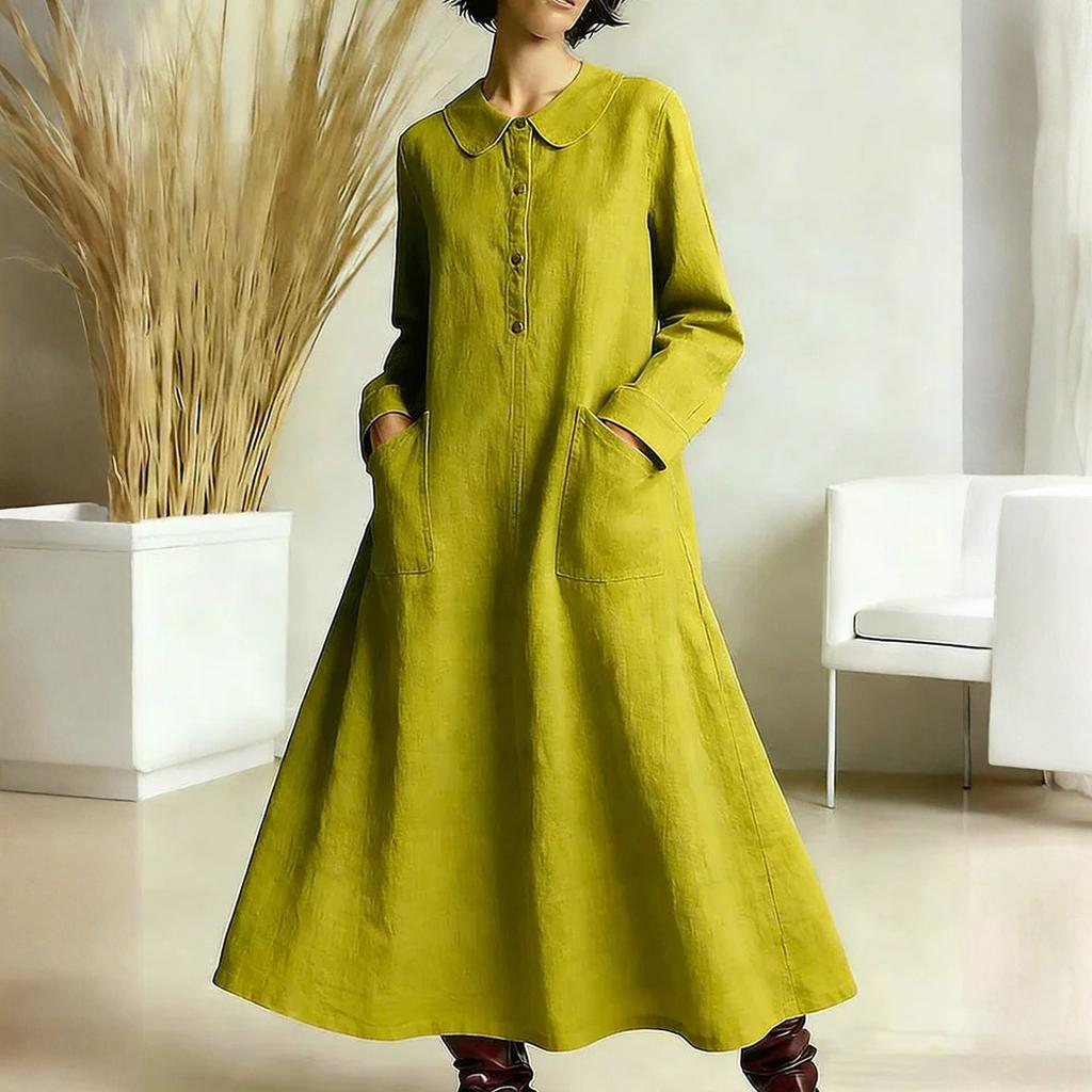 Women's -color Mid-length Loose-fitting Dress With Large Pockets And Casual