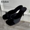 Mode Eilyken Quadratische Zehenpartie Damen Hausschuhe Mode Hohe Absätze Flache Partykleid Mules Slides Damenschuhe Zapatos Mujer
