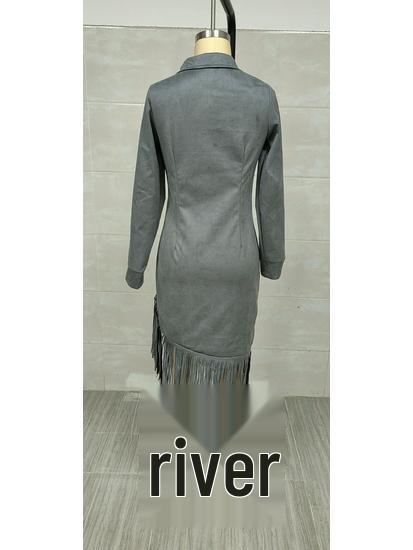 2025 Western Cowboy Style Suede Tassel Slim Fit Long Sleeve Dress