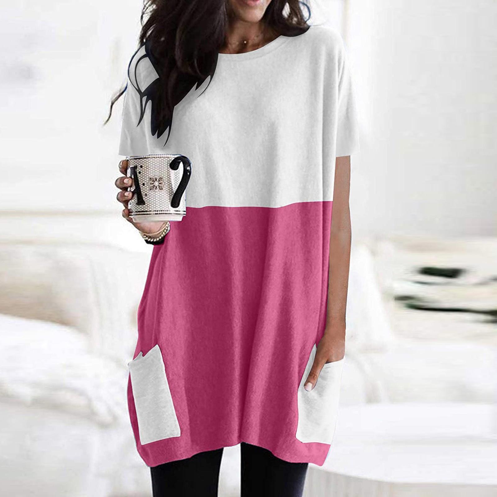 

Модный женский топ с круглым вырезом, карманами и короткими рукавами, выполненный в технике пэчворк из однотонных тканей. Повседневный стиль. XXXXXL розовый