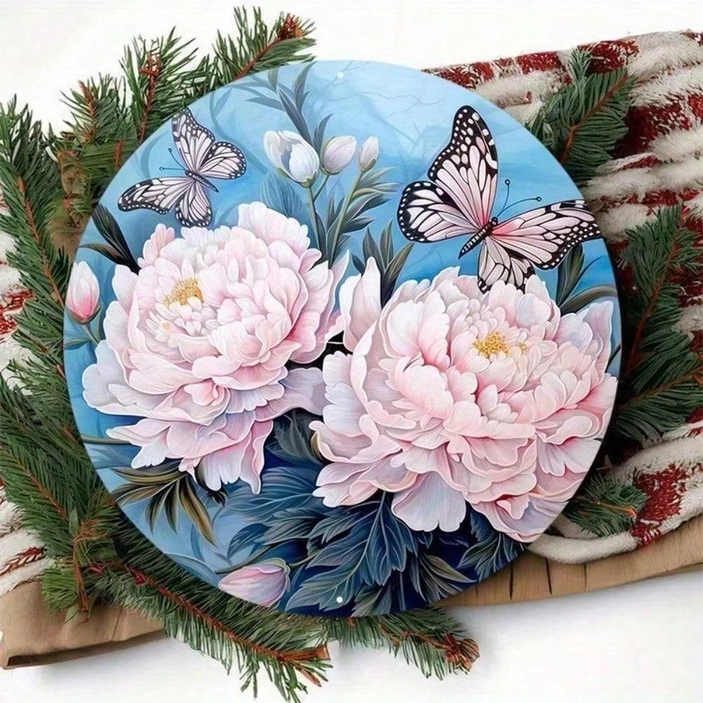 Outdoor Metal Wreath Sign Peony Butterfly Door Decor Wall Art Hanging 8x8 Inch