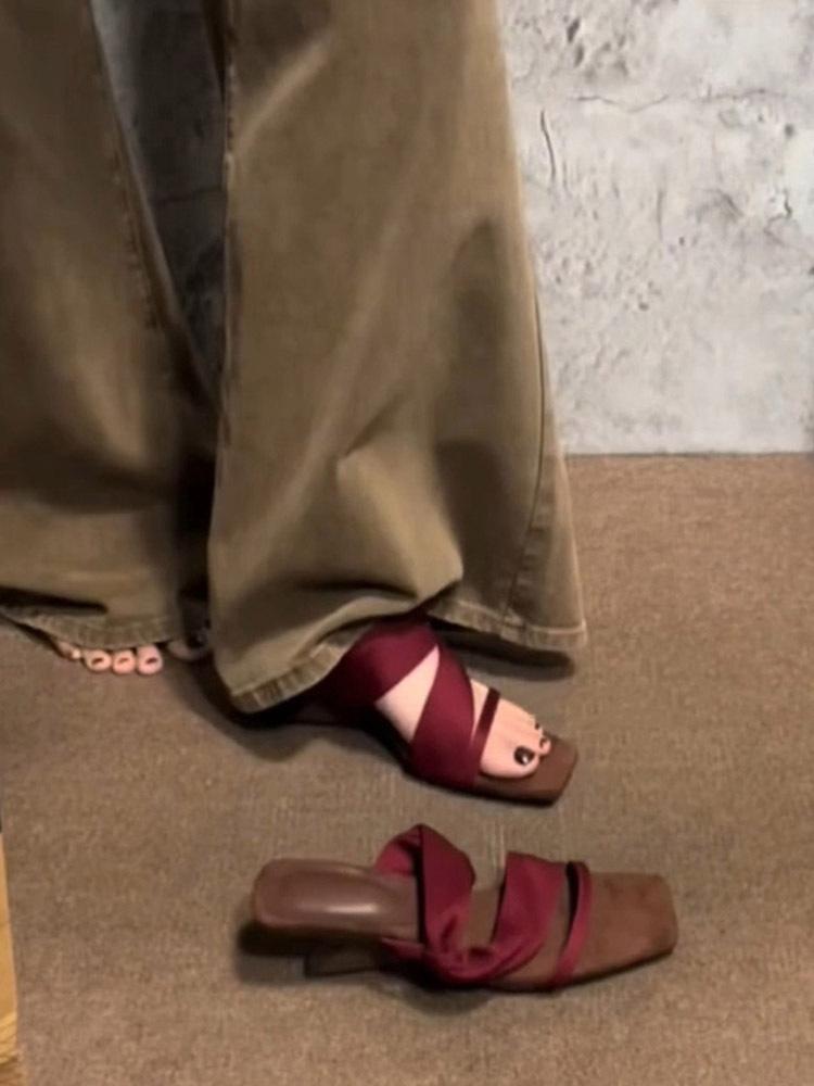 Sheepskin Version of Genuine Leather Two Wear French Wedge Heel Retro One-word Slippers Women's Summer Wear Temperament High Heels Cool Slippers