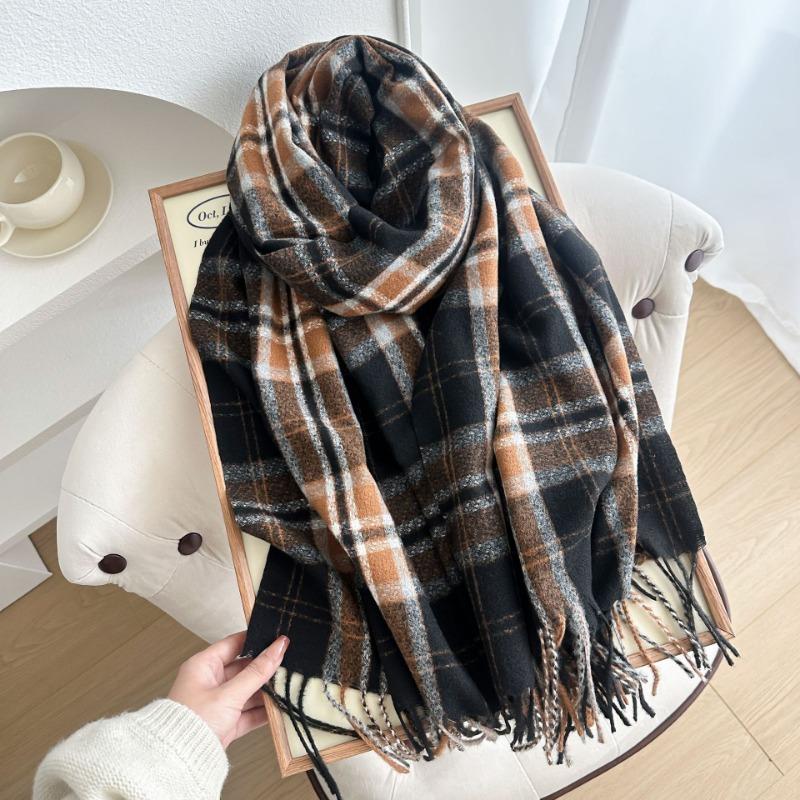 Plaid scarf women's winter pinstriped student warm thickened imitation cashmere long shawl scarf