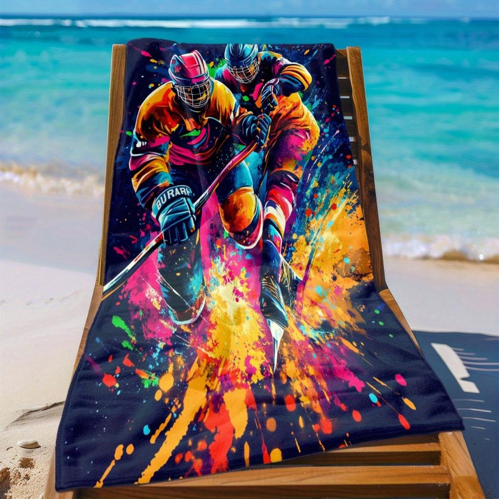 Ice Hockey Players Beach Towel Colorful Sports Art Print Action Design Quick Dry Soft Microfiber Bath Towel For Men BoysFansGift
