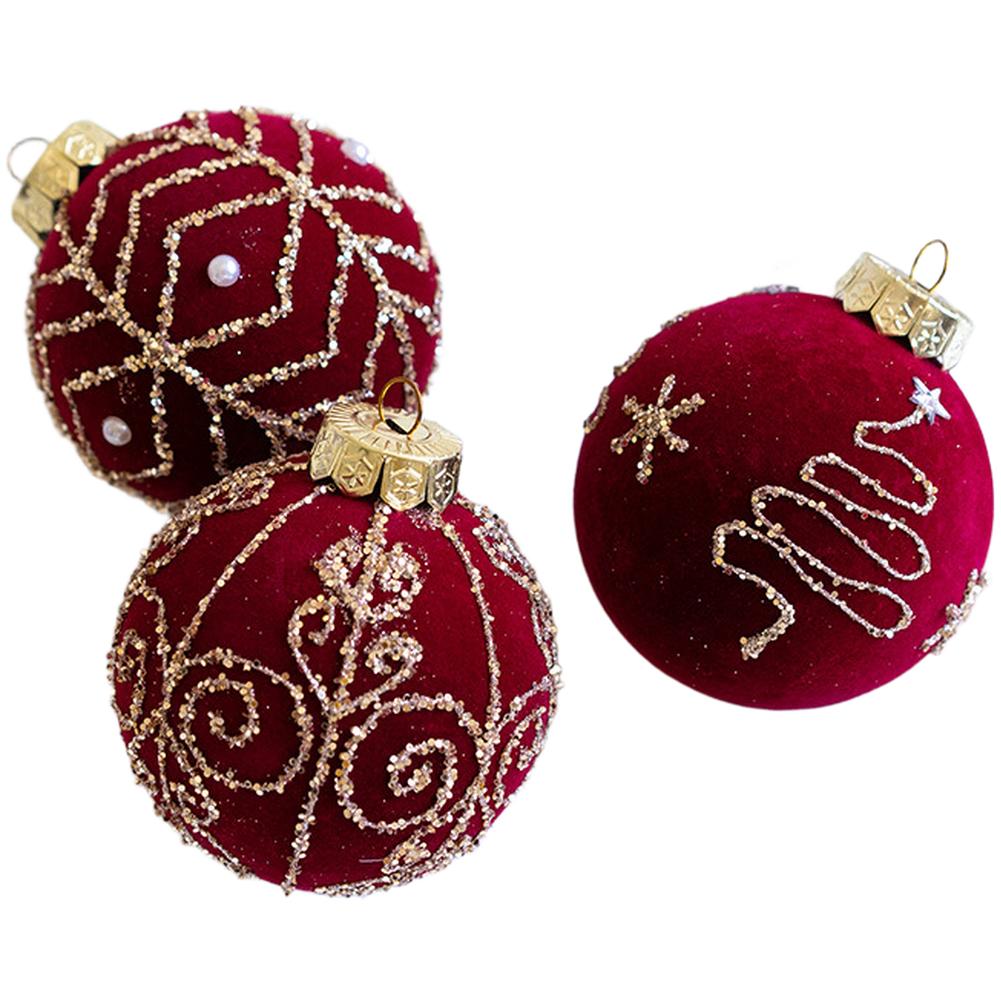 3pcs 8cm Wine Red Flocked Christmas Ornaments Christmas Tree Decorations Plastic Christmas Ball Festive Party Supplies For Home