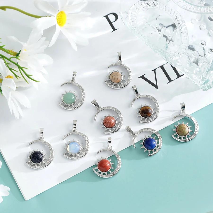Natural Crystal Stone Inlaid Sun Moon Pendant Amethyst Rose Quartz Classic Charm Necklace Jewelry Necklace Jewelry for Women
