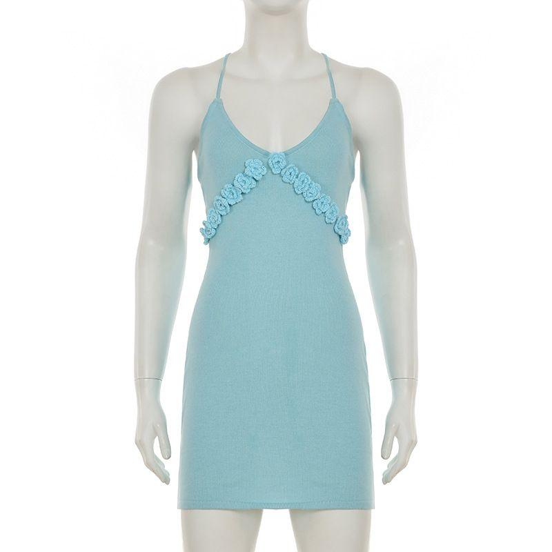 

Elsa European and American Holiday Style Sexy Backless Lace-up Slim fit Sheath Flowers Patchwork Slim fit Woolen Sling Dress Blue L