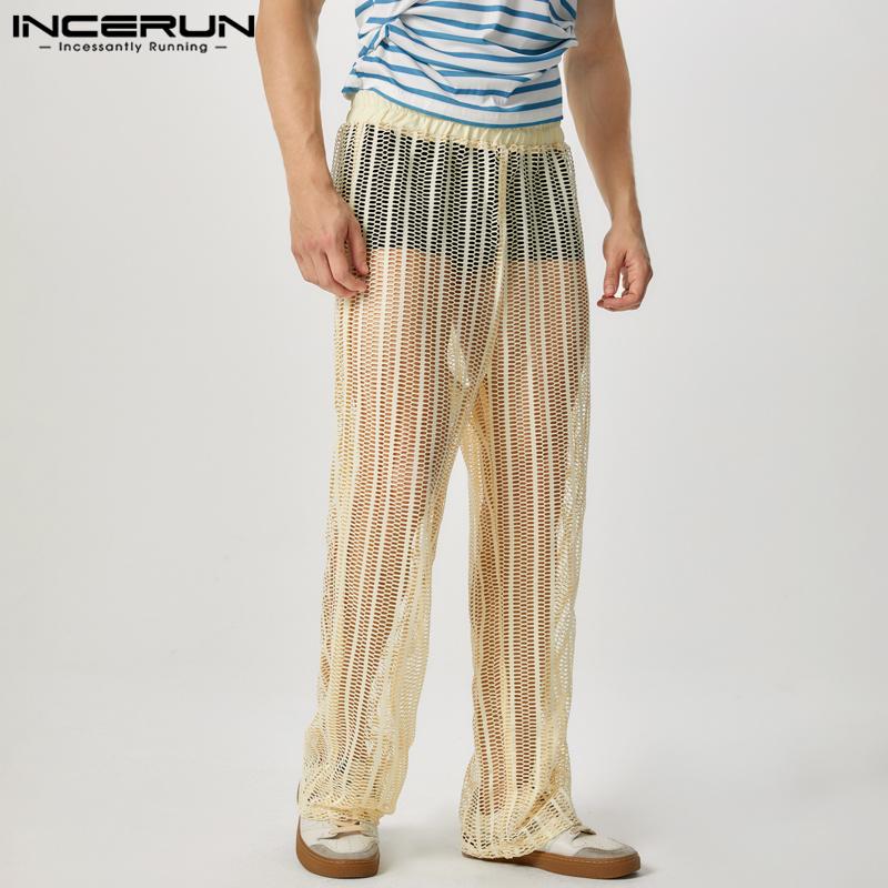 INCERUN Men Fishnet See Through Long Pants Holiday Beach Mesh See Through Trousers
