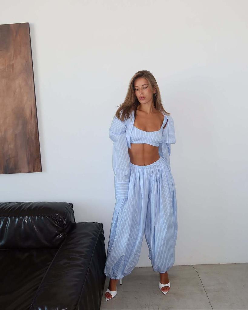 Beige Sleeveless Crop Top and Khaki Wide Leg Pants 2 Piece Set