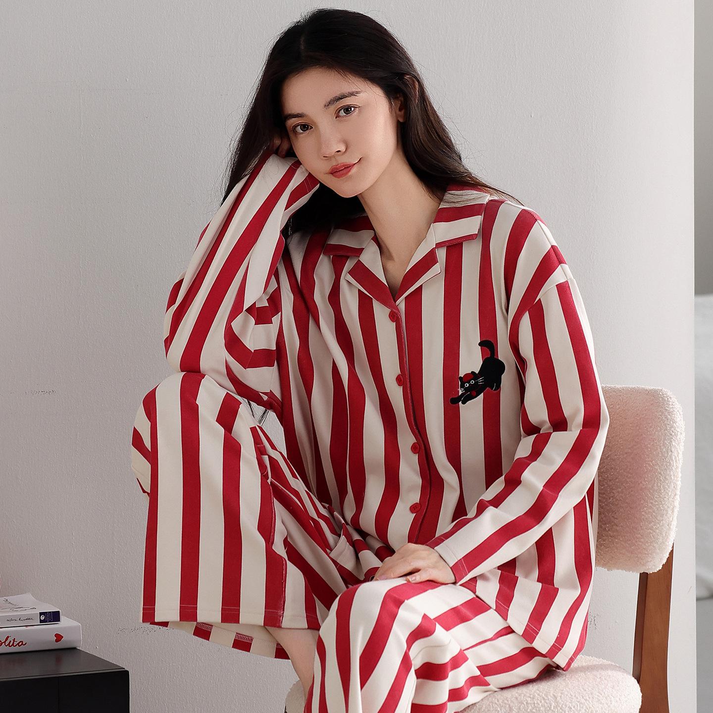 

German Velvet Pajamas Women S Autumn And Winter Thermal Long-Sleeved Striped Cartoons Can Be Worn Outside Loungewear Winter Thin Velvet Suit 2XL
