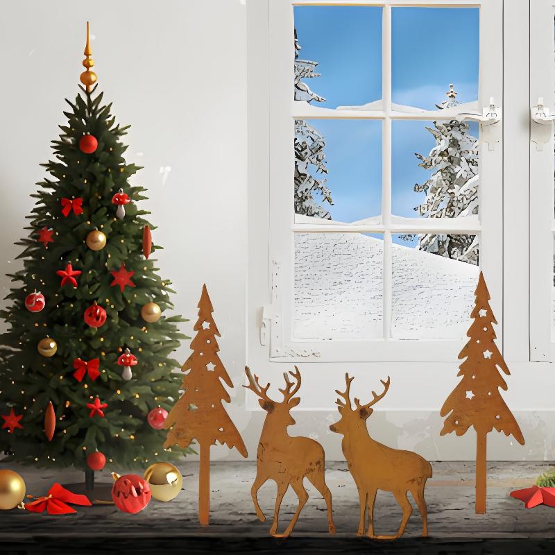4pcs Vintage Rustic Metal Spruce Tree and Deer Garden Stakes,Outdoor Lawn and Patio Decoration Plant Plug,Suitable for Christmas