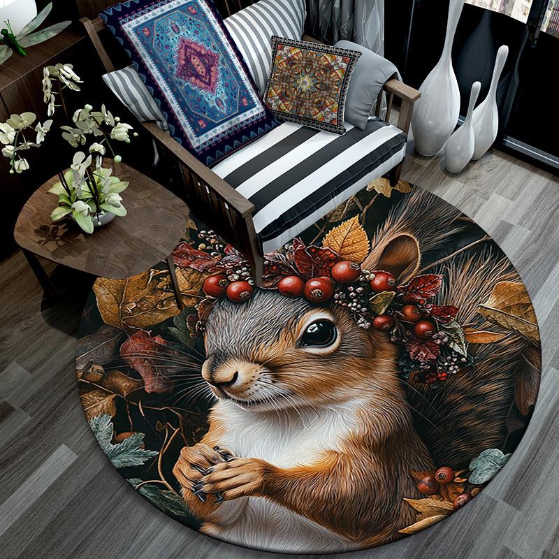 Herbst-Eichhörnchen Runder Teppich, Teppich für Wohnzimmer Schlafzimmer Sofa Spielzimmer Dekor, Rutschfeste Fußmatte