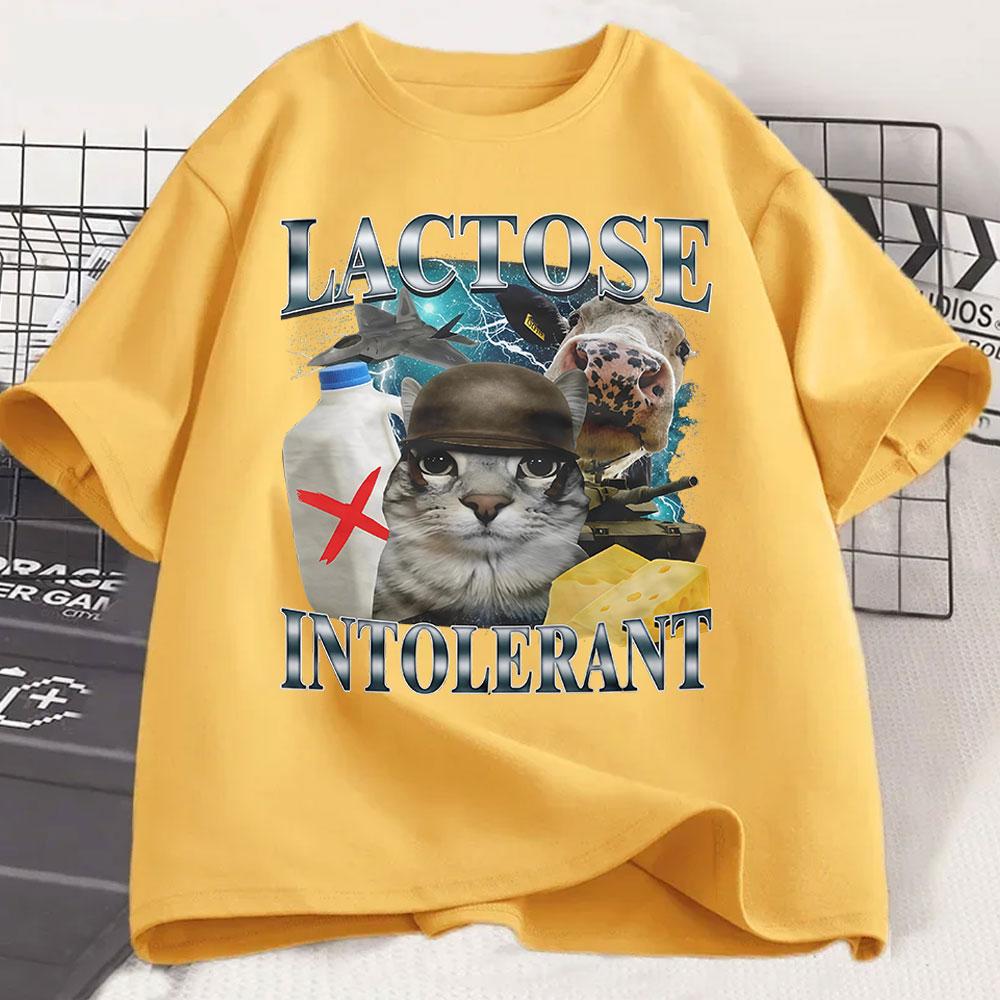 Lactose Intolerant Funny Cat Meme T-Shirt Men Women Retro Fashion Short Sleeve T-shirts Cotton Casual Cozy Oversized T Shirts