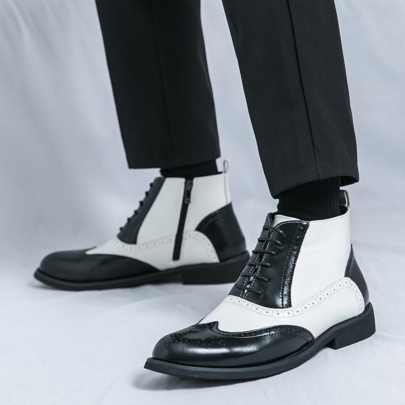 Men Brogues Boots Motorcycle Casual Ankle Boots Wingtip Dress Formal High Top Black White Leather Boots Over Sized