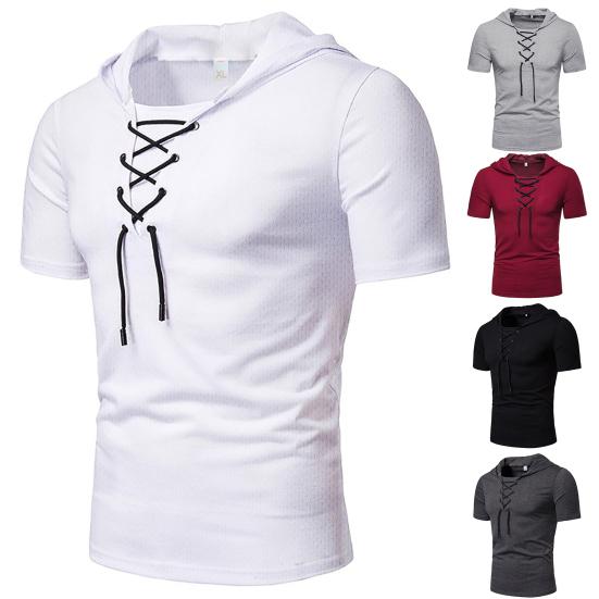Men T-shirt Pure Color Lace-up Breathable Casual Summer Top for Daily Wear