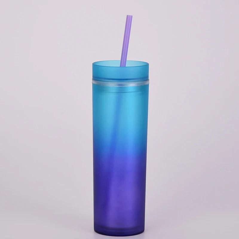 16oz Gradient Rainbow Skinny Tumbler din plastic Sticle de apă Cupă dreaptă, cu două straturi, Curcubeu, cu paie