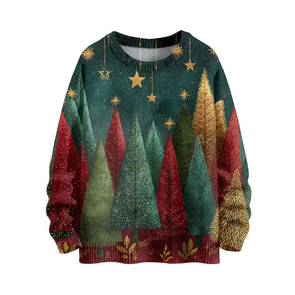 Women's Fashion Casual Long Sleeve Christmas Printed Round Neck Knitted Top