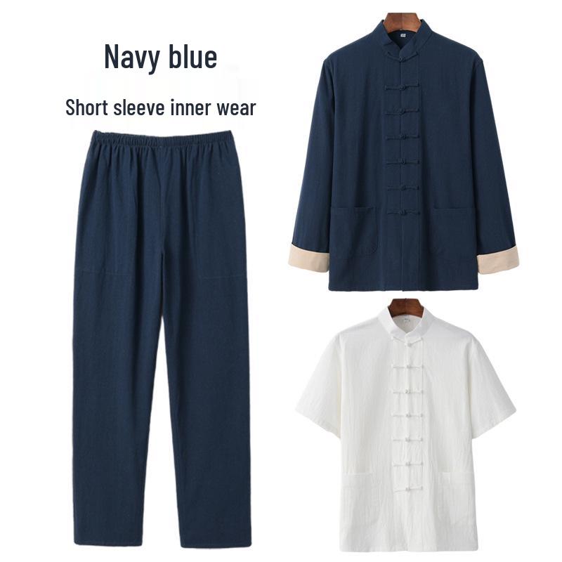 Men's Cotton Linen Three-Piece Tang Suit: Chinese Style Frog Button Hanfu, Retro Lay Buddhist Robe, Tea Attire