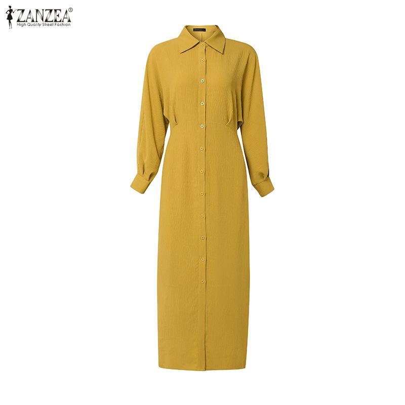 ZANZEA Women Turn Down Collar Long Sleeve Bandage Waist Casual Elegant Shirts Dress