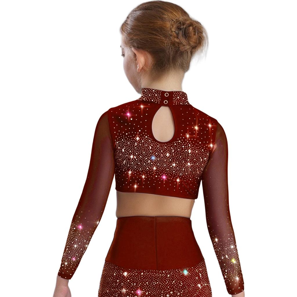 Dívčí průhledný síťovaný crop top s dlouhým rukávem a rolákem, lesklé kamínky, klíčová dírka vzadu, kostým pro lyrický tanec
