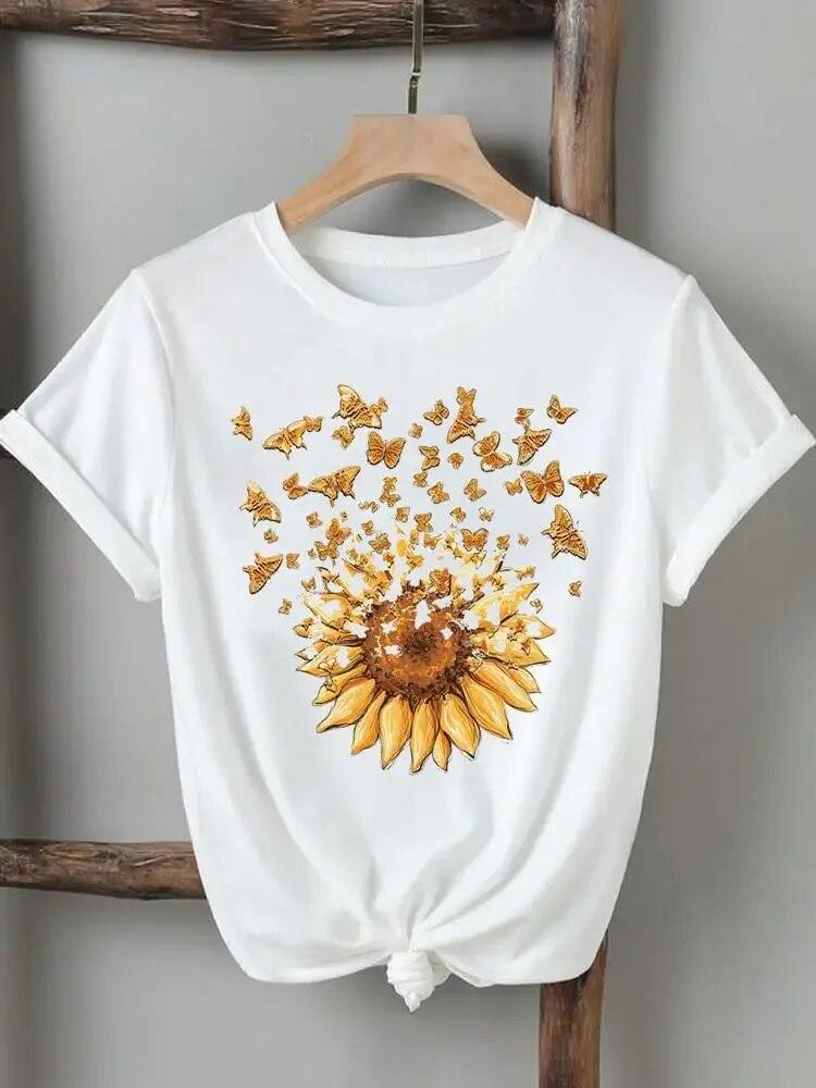Women Lady Tshirts Printed Fashion Casual Tee Flower Wing Butterfly 90s Short Sleeve Graphic T Top Clothing Printing T-Shirt Unisex