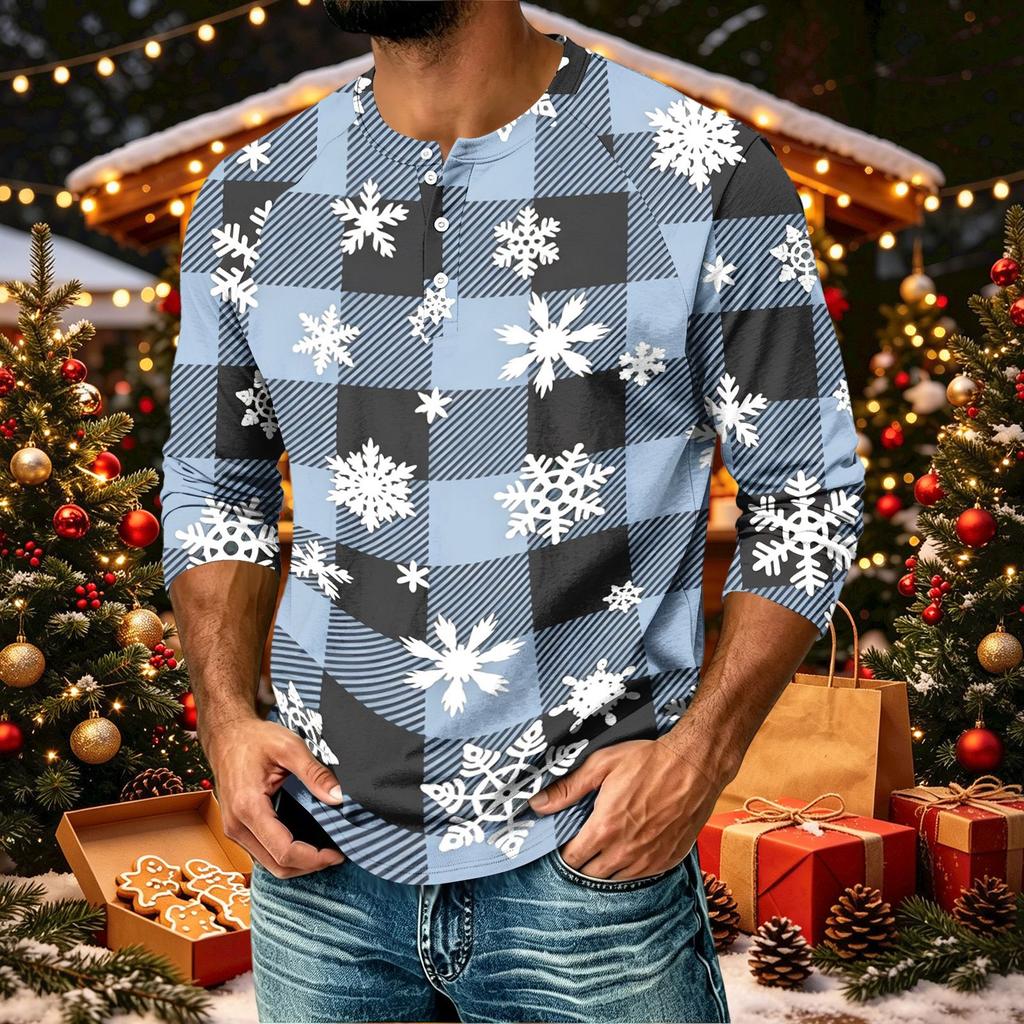 Men's Casual Shirt with Raglan Three-Quarter Length Sleeves Christmas Print Pullover
