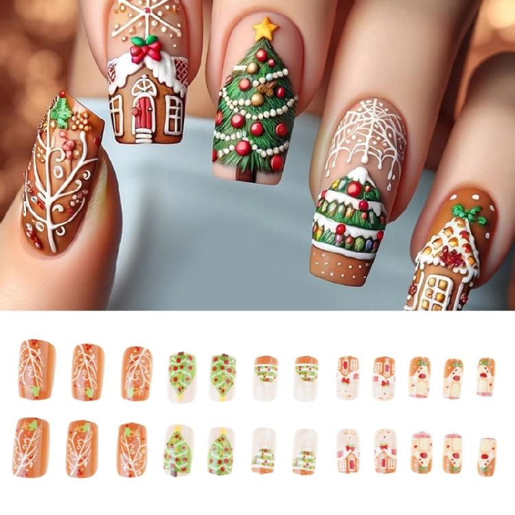 24pcs Christmas Nail Art Set with Chocolate House and Snowflake Patterns Press On Nail Stick On Nail for Festive Looks