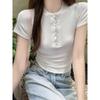 French Summer Solid Color Button Upright Shoulder Half Open Collar Short Sleeve Waist Sweet Hot Girl Slim Fit Raglan Sleeve T-Shirt for Women