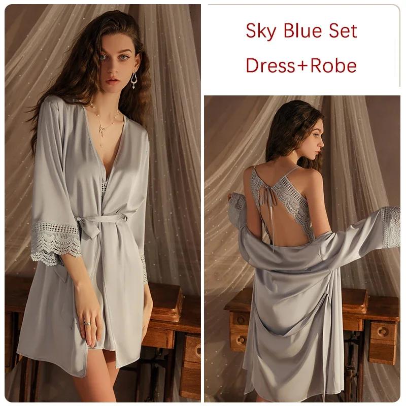Women's Pajama Robe Set Women's Spaghetti Strap Dress with Bra Cup Women's Pajamas Romantic