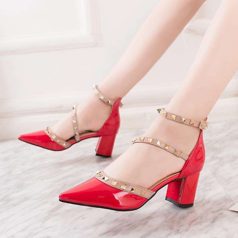 20 Autumn and Winter New Rivet High Heels Pointed Thick Heel Sandals Women's Sexy Shallow Mouth Sandals