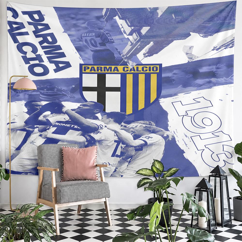 Parma Calcio 1913 Football Club Crest Players Collage Blue Yellow Wall Tapestry Soccer Fan Decor for Bedroom Gift