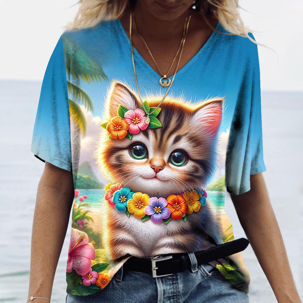 Women's T-Shirt Color Cat 3d Printing Short-Sleeved Fashion Casual Street V-Neck Oversized High-Quality Summer Women's Clothing