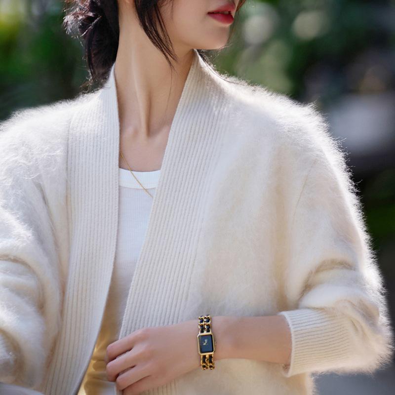 Women's V-Neck Heavyweight Pure Wool Cardigan Coat - Autumn/Winter Style, Pocketed, Buttonless, Plush Long Hair, Plus Size, Mid-Length