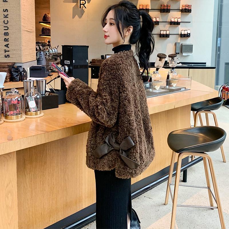 Women s Korean Style Lambswool Coat - Short, Thickened, Bow-Detail (Autumn/Winter 2025) M (90-105 jin) кофейный