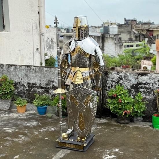 Full Body Medieval Crusader Knight Armor  Polished Stainless Steel Suit with Display Stand for LARP, Cosplay, and Historical Reenactments